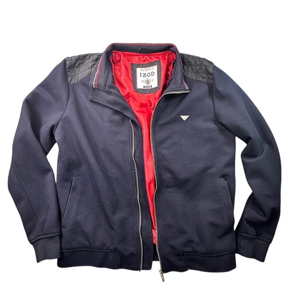 IZOD Bomber Jacket Textured Knit Quilted Shoulder Navy Blue XL
